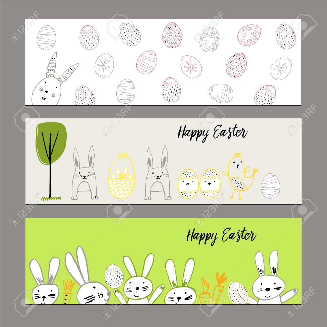 cute banners with hand drawn easter illustrations royalty free