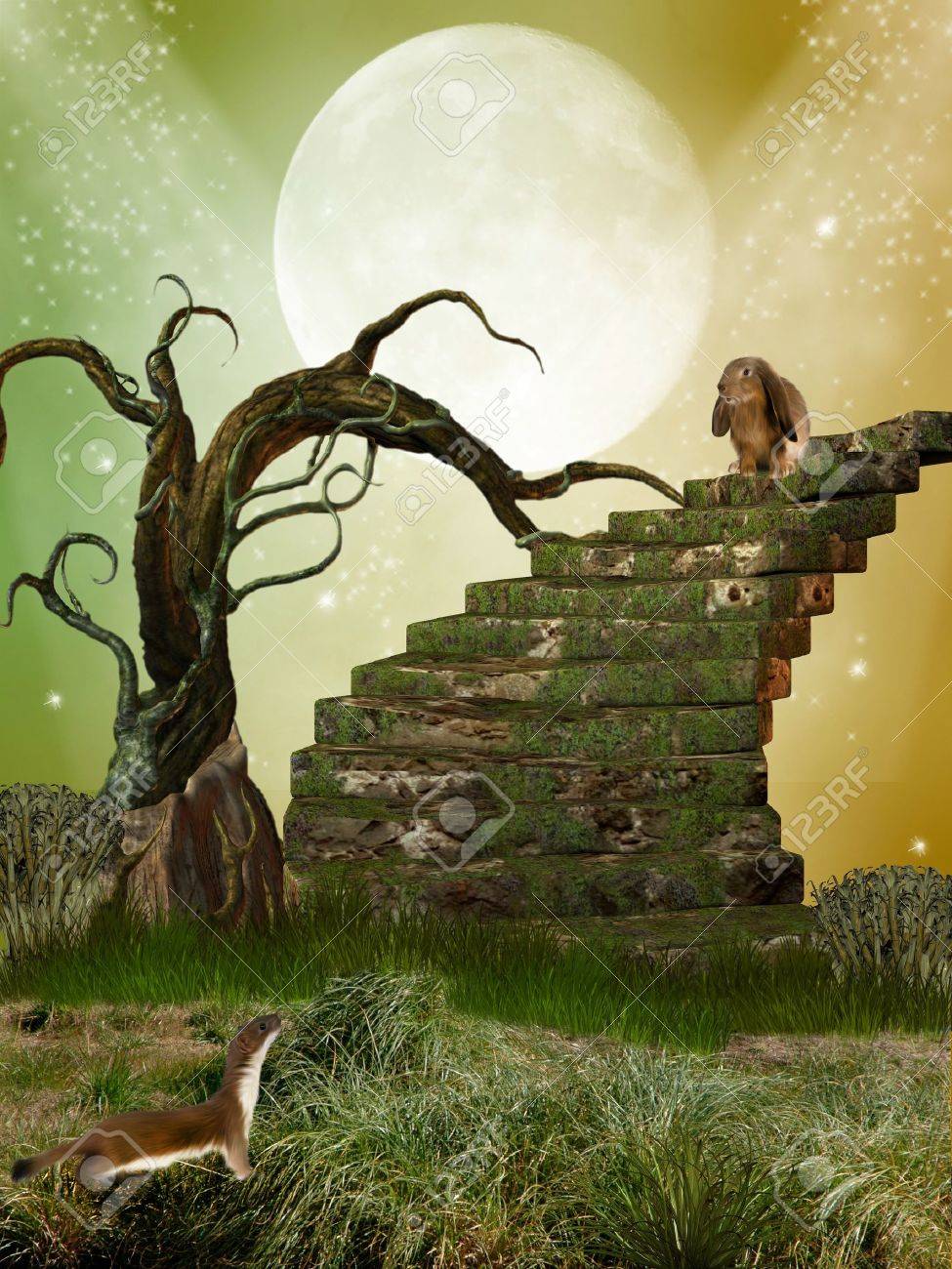 木の階段とウサギ ファンタジーガーデン の写真素材 画像素材 Image