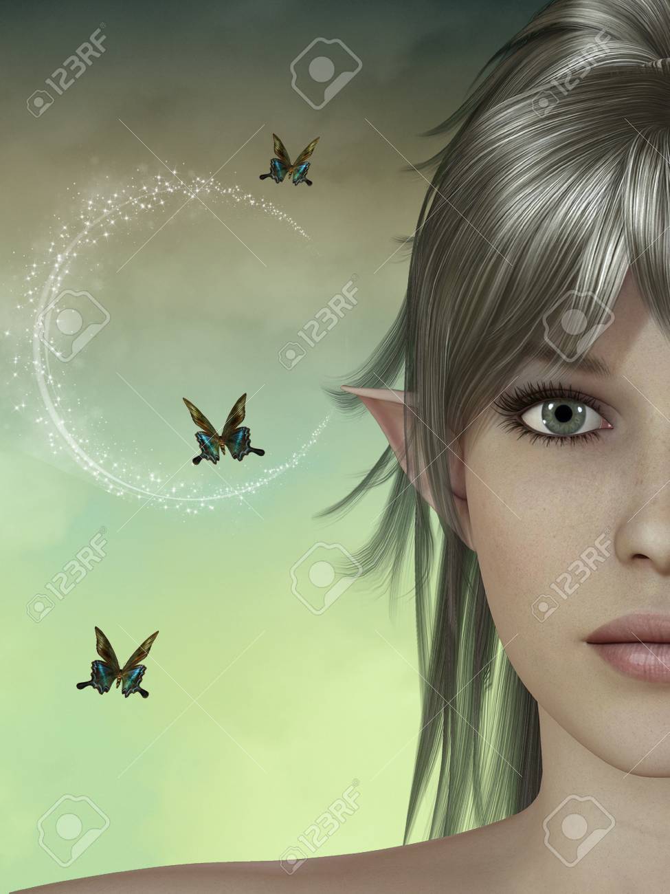 蝶ファンタジー風景の中の妖精の顔 の写真素材 画像素材 Image