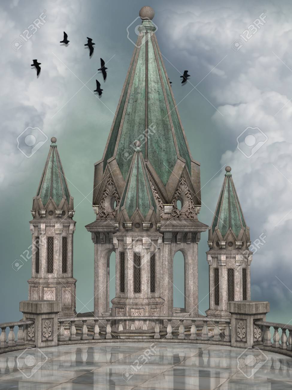 ファンタジー背景城と鳥と空 の写真素材 画像素材 Image