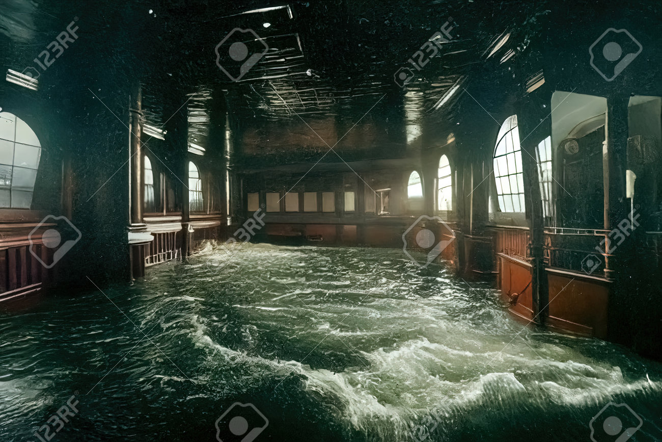 Interior Of Sinking Ship With Water Flooding And Rushing In Open Sea. Inside  Of A Cruise Ship Full Of Water, Compartments And Cabins Flooding In A  Disaster, Cinematic Scene. Ship Filling Up, image size:1300x867