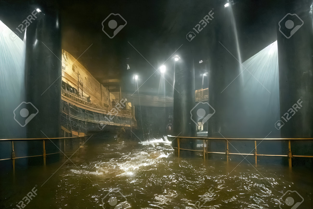 Water Flooding Into Interior Cabin Of A Sinking Ship. Cinematic Image With  Water Flowing And Rushing And The Inside Compartment Of A Ship Filling Up.  Scary Scene Featuring A Disaster In The, image size:1300x867