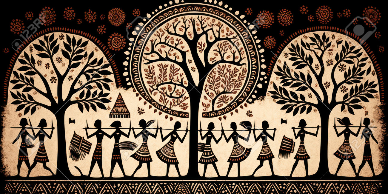 インド民俗絵画ミティーラ画「生命の樹」ガラス額装 【公式通販】