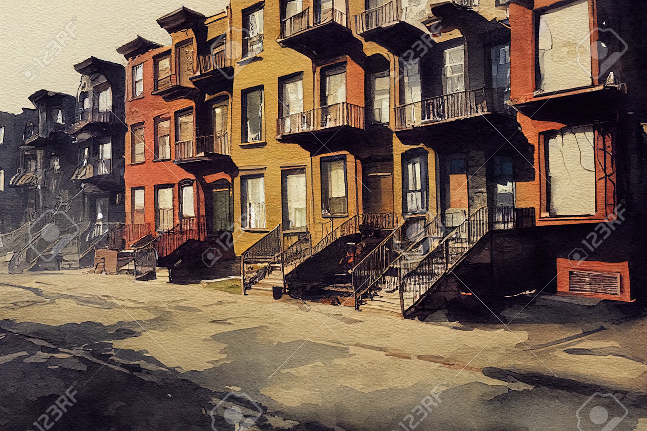90년대 미국 뉴욕 브루클린 소외 계층의 빈민가 거리와 건물을 특징으로 하는 개념 수채화 미술, 벽돌 건물 정면이 있는 빈 뉴욕 거리  로열티 무료 사진, 그림, 이미지 그리고 스톡포토그래피. Image 202330674
