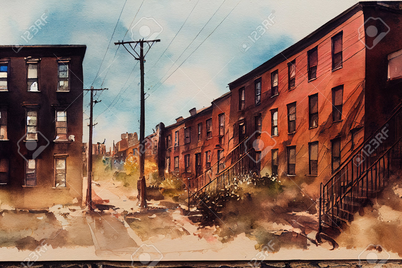 90년대 미국 뉴욕 브루클린 소외 계층의 빈민가 거리와 건물을 특징으로 하는 개념 수채화 미술, 벽돌 건물 정면이 있는 빈 뉴욕 거리  로열티 무료 사진, 그림, 이미지 그리고 스톡포토그래피. Image 202330611