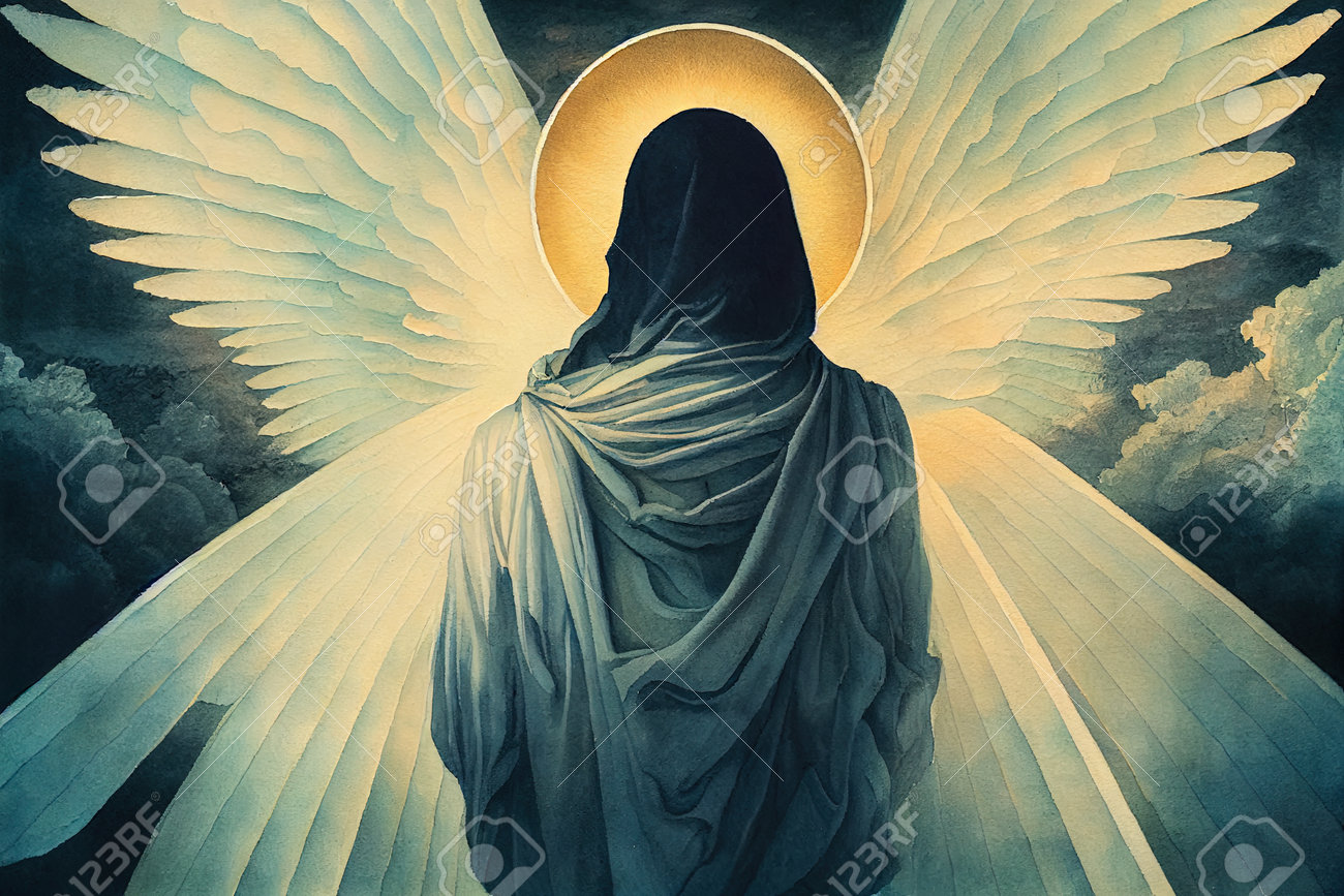 宗教的な人物の抽象的なデジタル絵画は神に向けられました。天の光