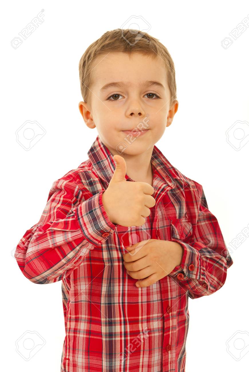 Successful Child Boy In Red Shirt Giving Thumb Up Isolated On