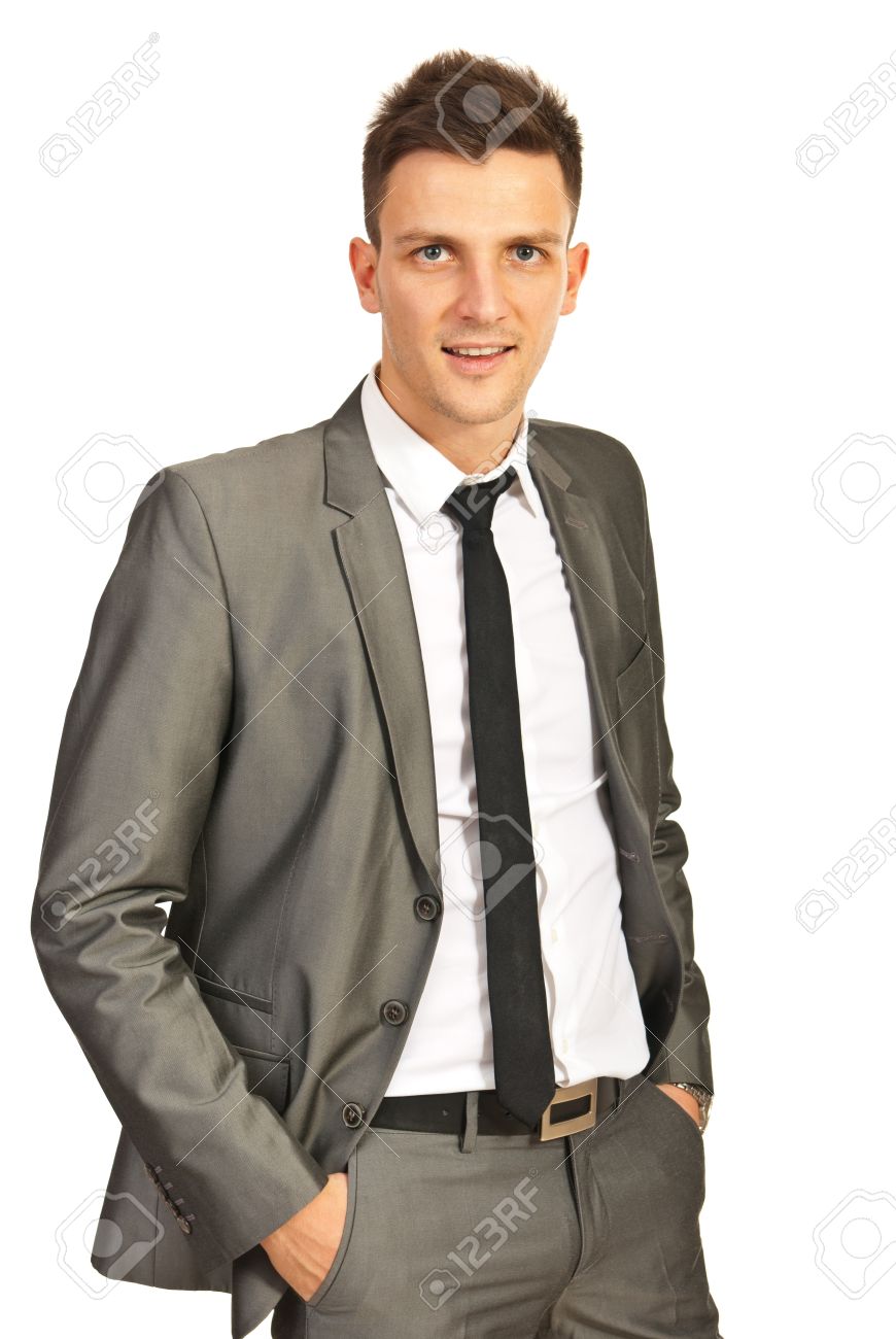 elegant guy in modern gray suit isolated on white background stock