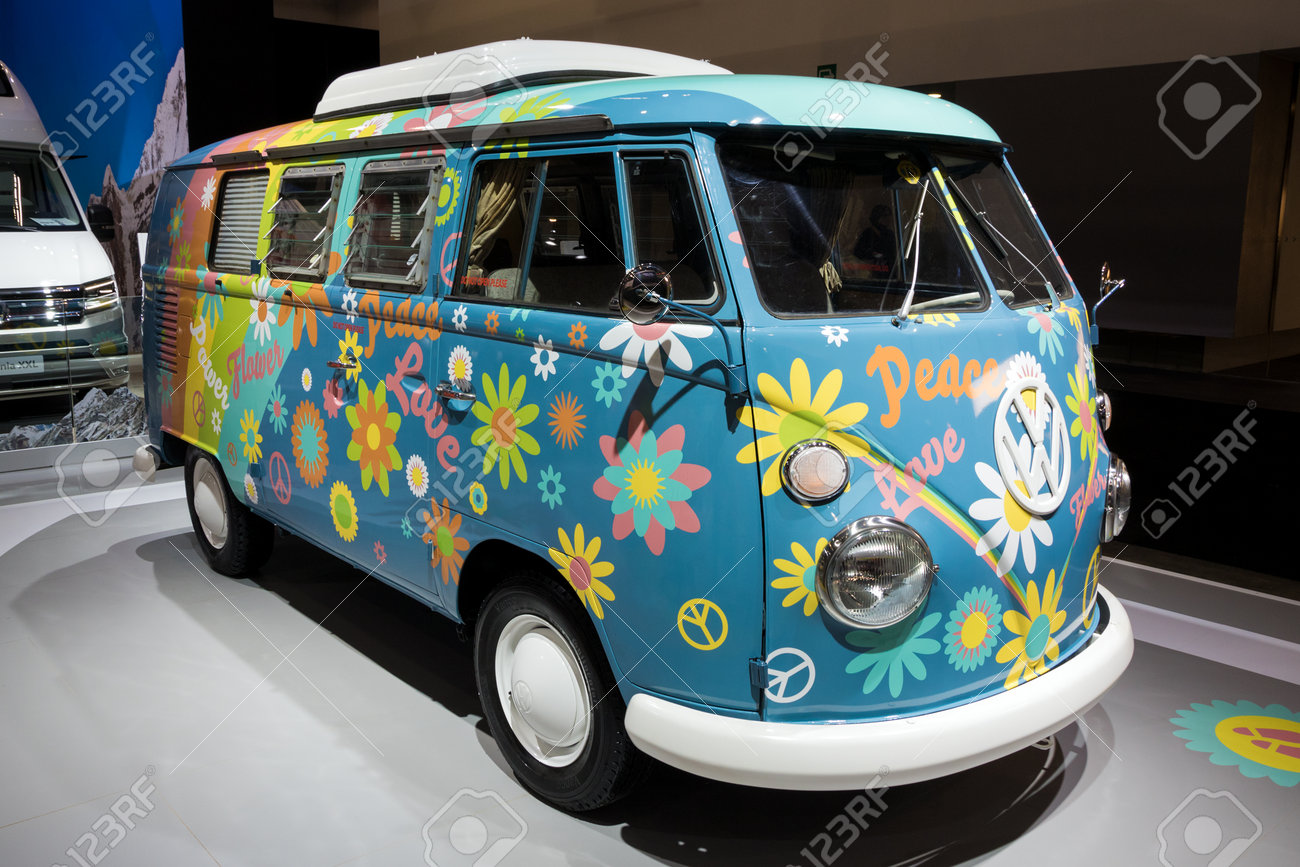 BRUSSELS - JAN 10, 2018: Flower Power Volkswagen Transport camper van shown at the Brussels Motor Show. - 94168142 BRUSSELS - JAN 10, 2018: Flower Power Volkswagen Transport camper van shown at the Brussels Motor Show. - 94168142