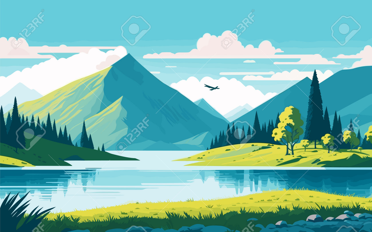 手描き風景画 海と山の風景 富士山・本栖湖の日の出（透明水彩風景画） Sunrise at Mt.Fuji