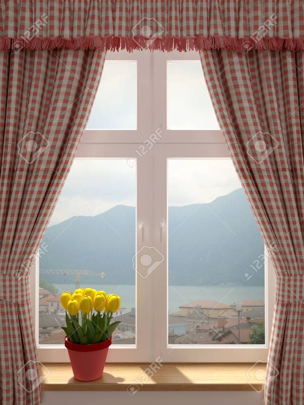 Fenêtre Avec Une Vue Magnifique Et La Décoration Dans Les Rideaux De ... Fenêtre Avec Une Vue Magnifique Et La Décoration Dans Les Rideaux De ...