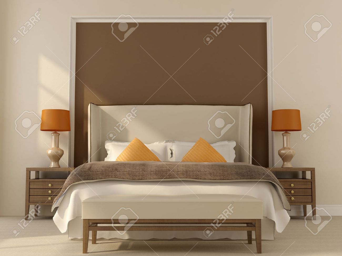 Dormitorio en colores beige y marrón con decoración de color naranja Dormitorio en colores beige y marrón con decoración de color naranja