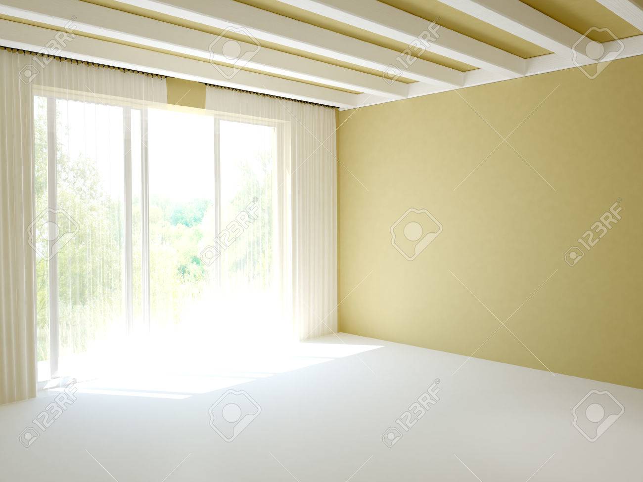 Empty Room With Orange Walls And White Beams On The Ceiling Stock