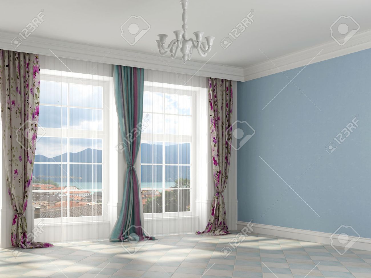 colorful interior with blue colored walls and colorful curtains