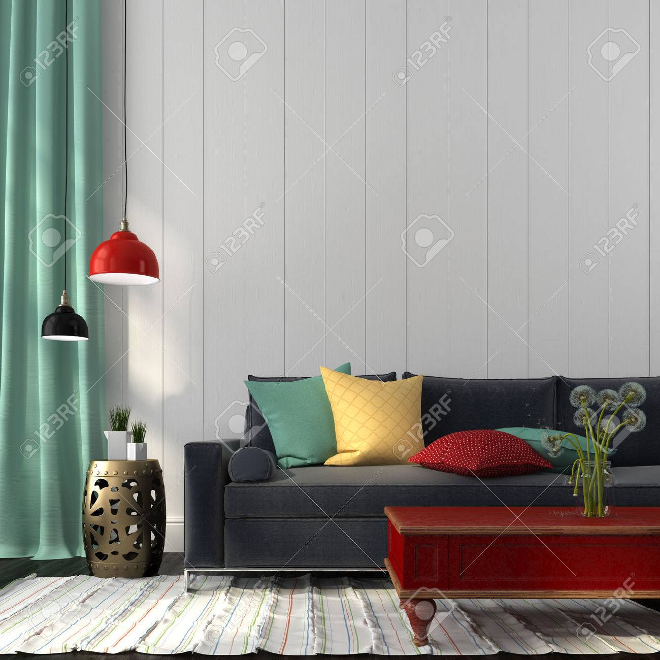 Interior In Eclectic Style, Consisting Of Modern Sofa, Colored Interior In Eclectic Style, Consisting Of Modern Sofa, Colored