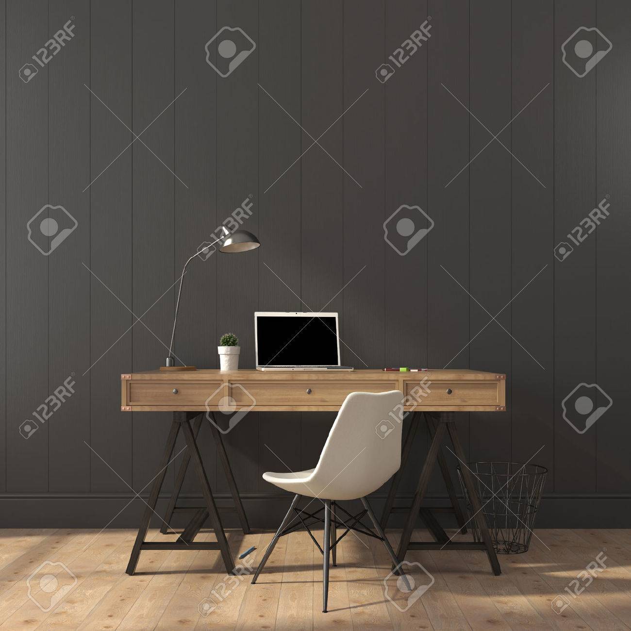 Lampe moderne bureau en bois et une chaise moderne contre un mur gris banque d