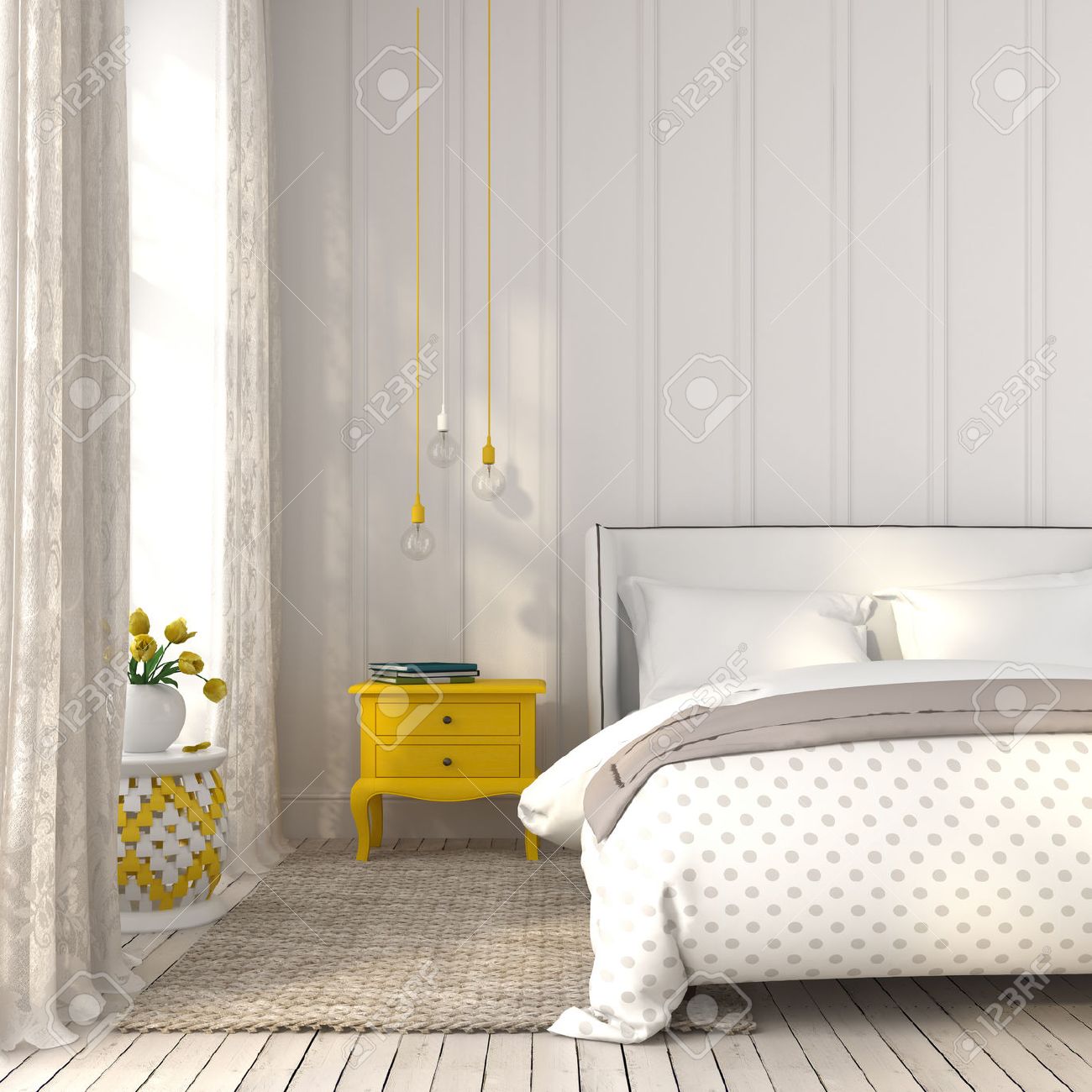 Modern Bedroom In White Color With Yellow Accents