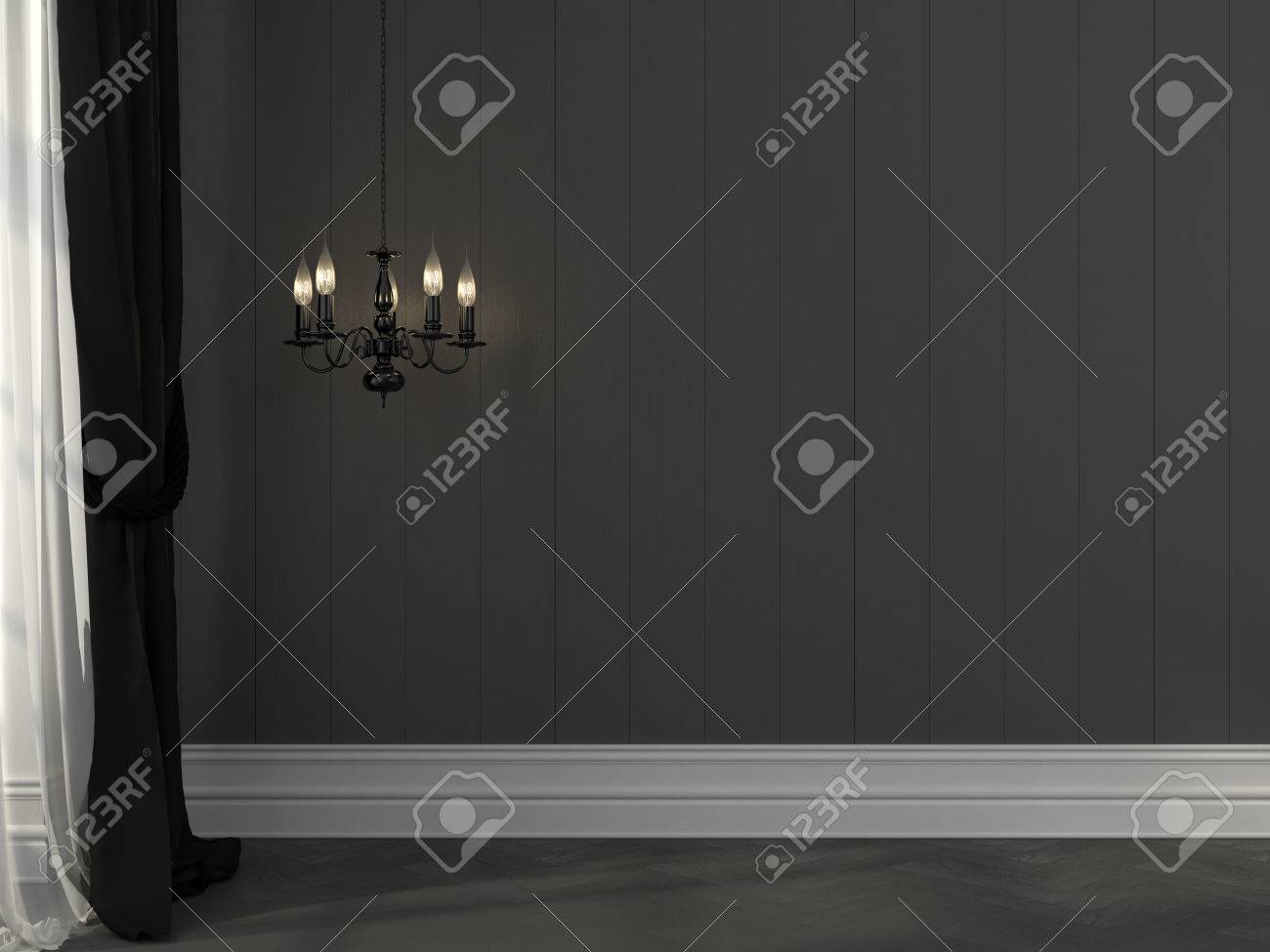 Klassische Schwarze Kronleuchter Auf Einem Hintergrund Der Grauen Wand Mit Vorhangen Lizenzfreie Fotos Bilder Und Stock Fotografie Image 46995371