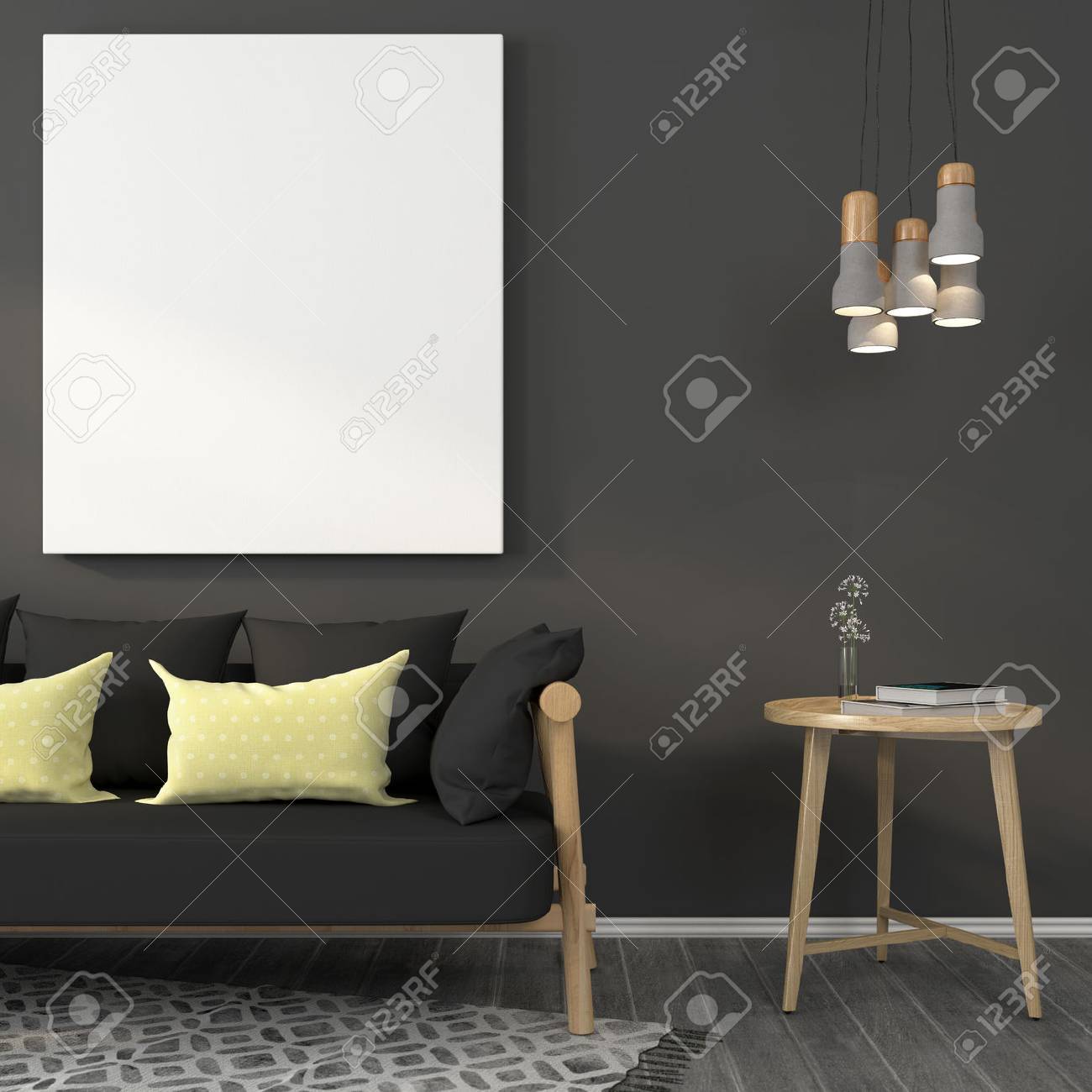 Modernes Wohnzimmer In Grau Mit Holzmöbeln Und Betonlampen ... Modernes Wohnzimmer In Grau Mit Holzmöbeln Und Betonlampen ...