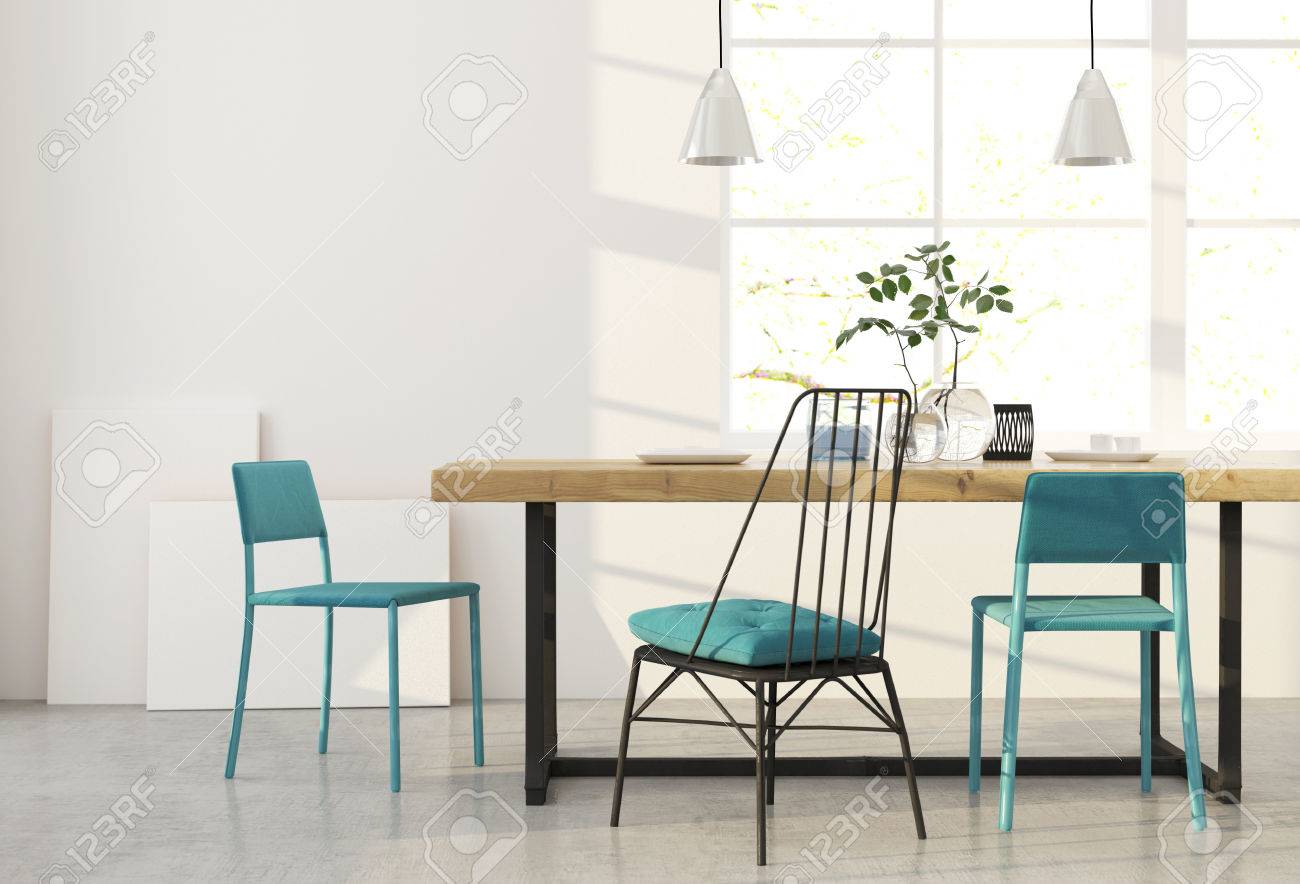 Ilustración 3D. Moderno Comedor Minimalista Con Sillas Azules. Fotos ... Ilustración 3D. Moderno Comedor Minimalista Con Sillas Azules. Fotos ...