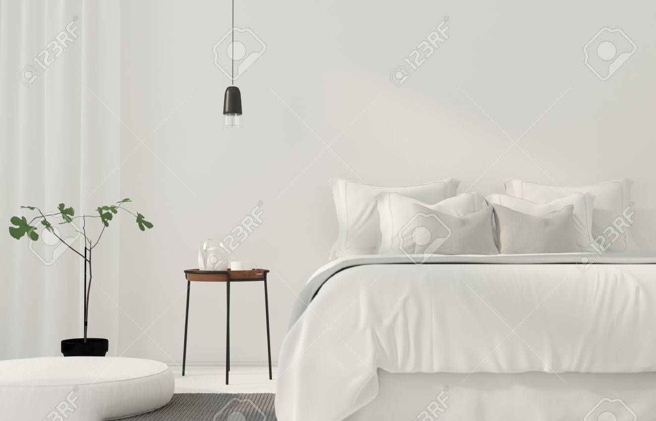 3D Abbildung. Minimalistisches Weißes Schlafzimmer Mit Holztisch ... 3D Abbildung. Minimalistisches Weißes Schlafzimmer Mit Holztisch ...