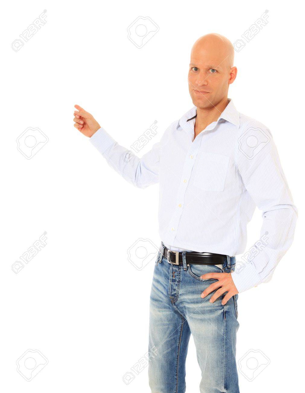 attractive bald man pointing to the side all on white background