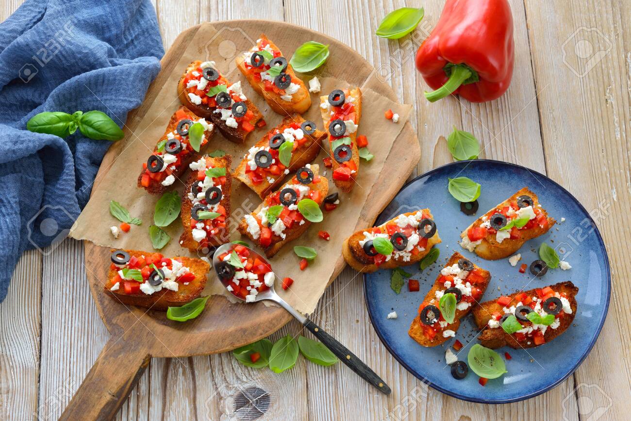 Warm Greek Bruschetta Crispy Baked Small Slices Of Pita Bread Stock Photo Picture And Royalty Free Image Image 132795689