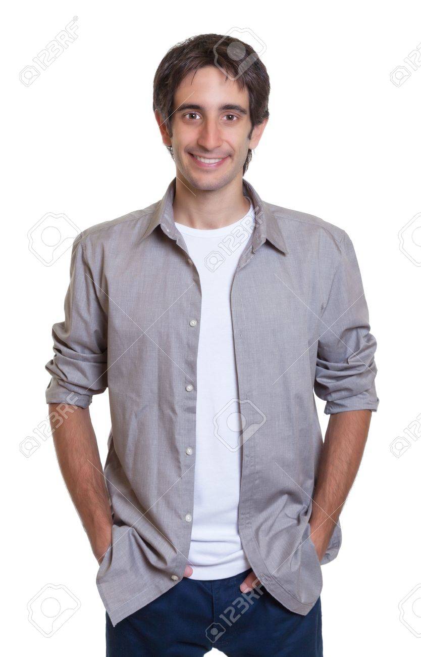 グレーのシャツとジーンズで立っている男 の写真素材 画像素材 Image