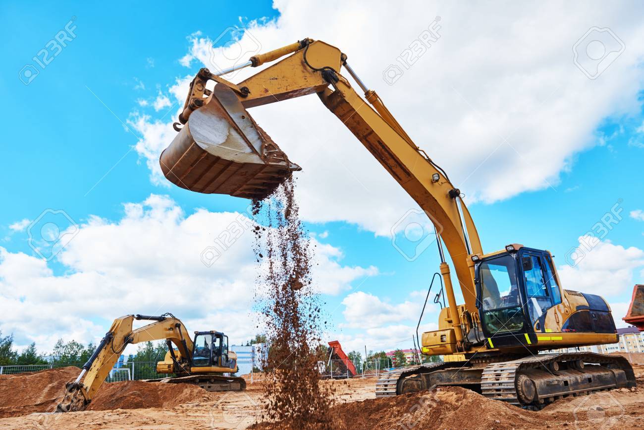 excavator at sandpit during earthmoving works - 70465074 excavator at sandpit during earthmoving works - 70465074