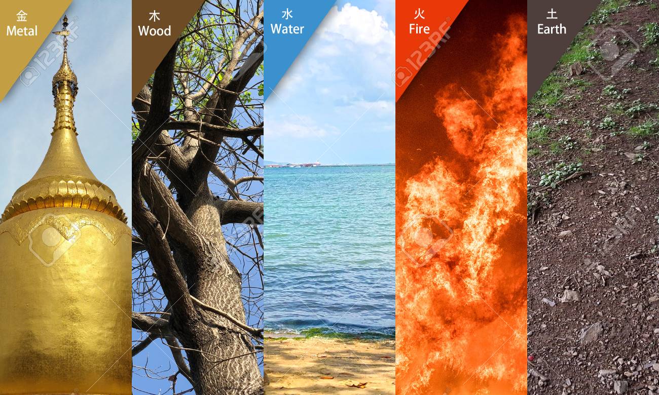 collage feng shui. collage of fengshui 5 elements : metal, wood, water, fire, earth stock feng shui