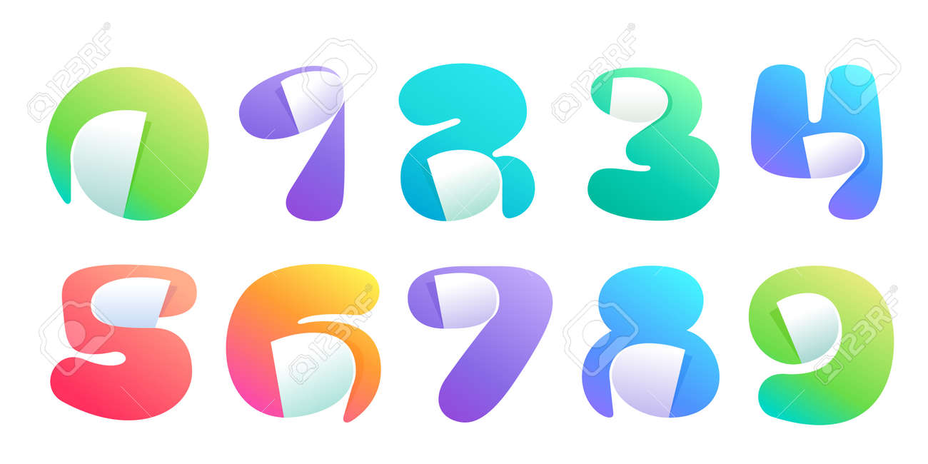 角が丸まった文字で作られた数字セット。ネガティブスペーススタイルのアイコン。カラフルなグラデーションノート用紙。ステッカー、暗号アプリ、NFT  ID、タグ用の最新のクリーンベクター折り紙フォント。のイラスト素材・ベクター Image 187880261