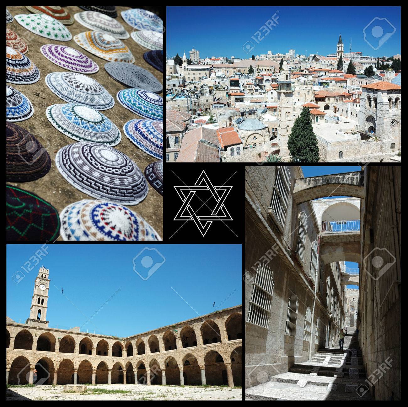 イスラエルのランドマーク 3 つの主な世界の宗教 ユダヤ教 キリスト教およびイスラム教の家のコラージュ の写真素材 画像素材 Image