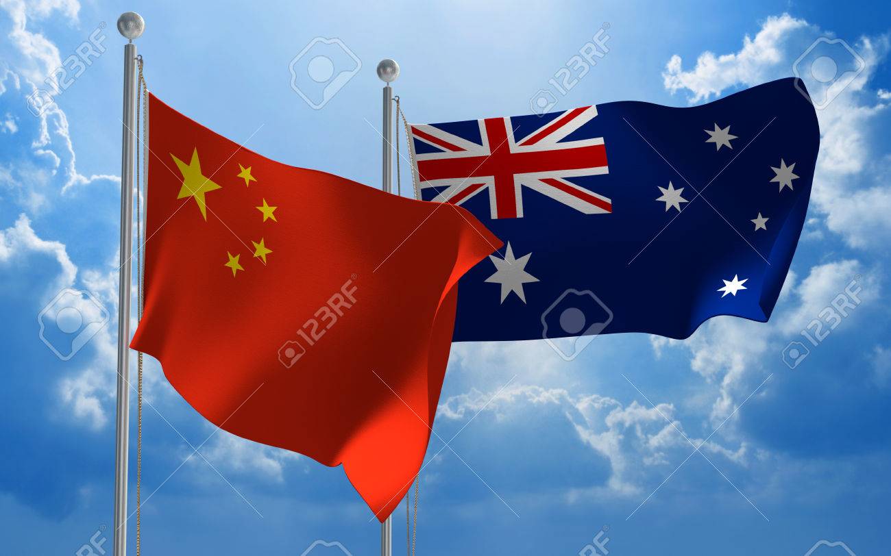 China and Australia flags flying together for diplomatic talks - 44559387 China and Australia flags flying together for diplomatic talks - 44559387