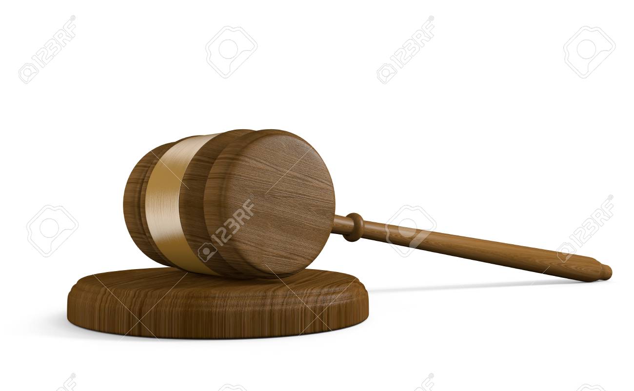wood court gavel and striking block on white background stock photo