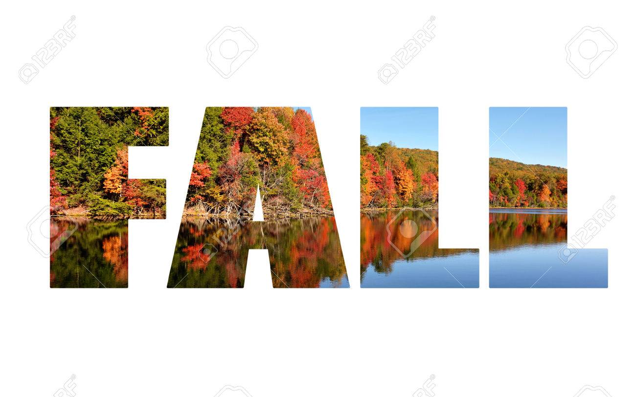 large bold text spelling out the word fall with autumn scenics
