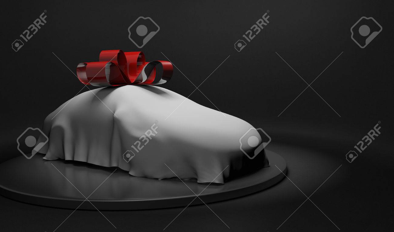 3D car wrapped under a sheet and big red bow - 52964650 3D car wrapped under a sheet and big red bow - 52964650