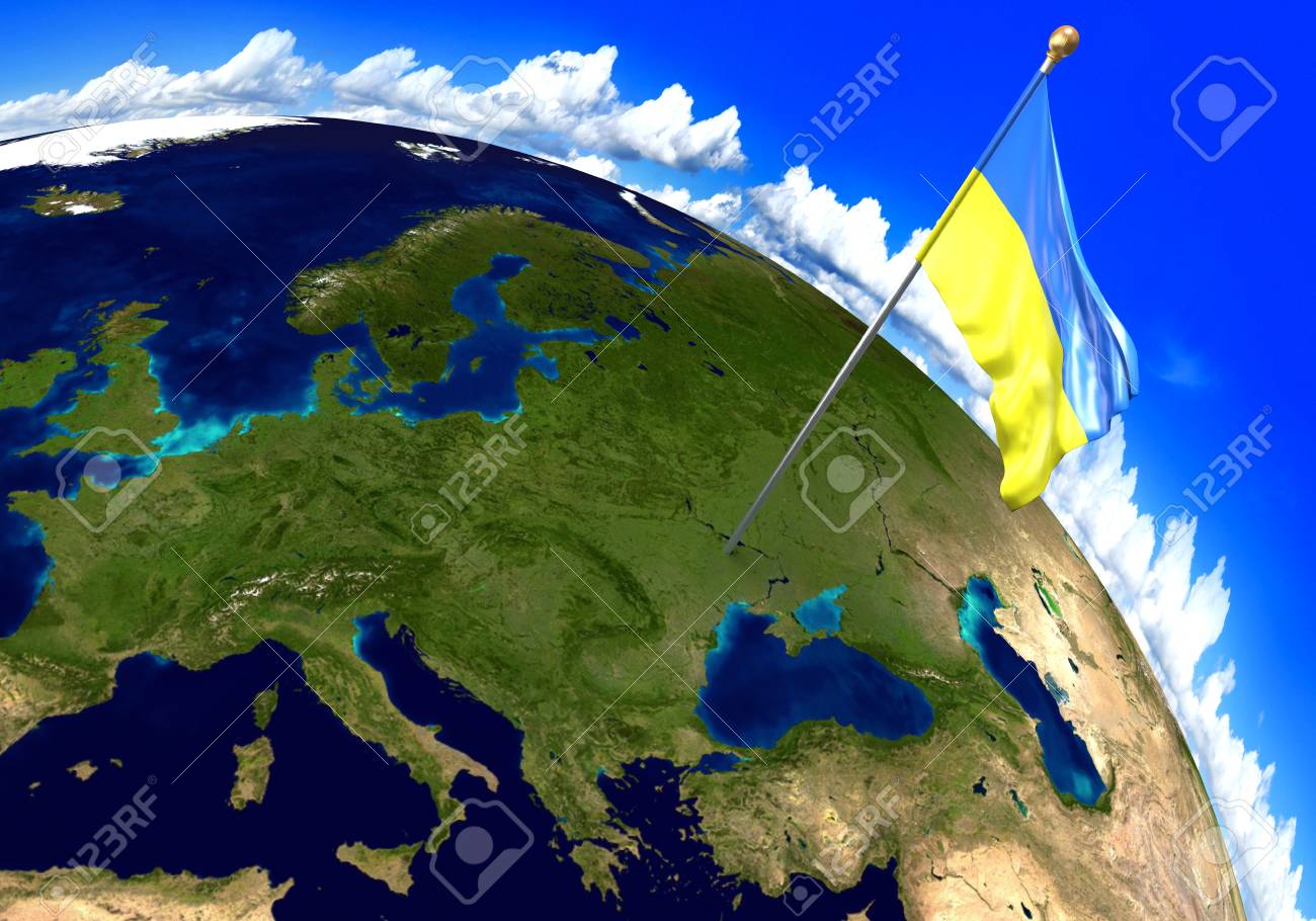 ウクライナ国旗の世界地図上の国の場所をマーキングします 3 D レンダリング Nasa から提供されたこの画像の部分 の写真素材 画像素材 Image