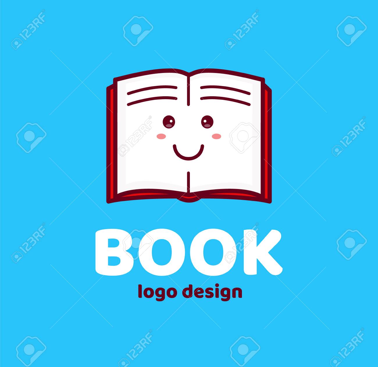 ハッピーかわいい笑顔オープンブック子ロゴデザインテンプレート ベクトルモダンライン輪郭フラットスタイルキャラクター漫画イラストアイコン 白の背景に分離 ブックコンセプトのイラスト素材 ベクタ Image