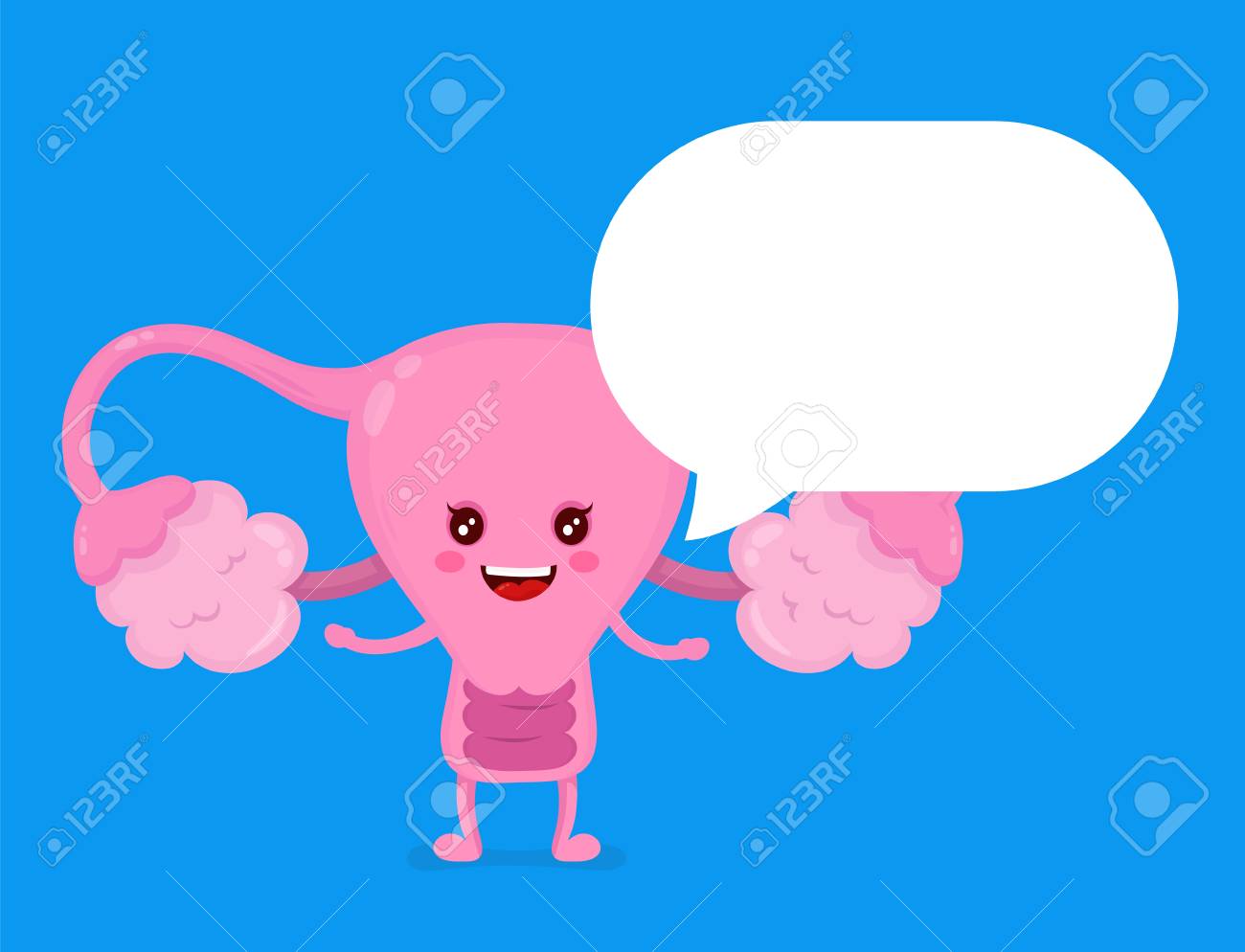 強い健康的な幸せなかわいい女の子宮文字トーキングダイアログバブルスピーチ ベクトルフラット漫画イラストアイコン デザイン 青色の背景に分離されます 健康な子宮の概念のイラスト素材 ベクタ Image