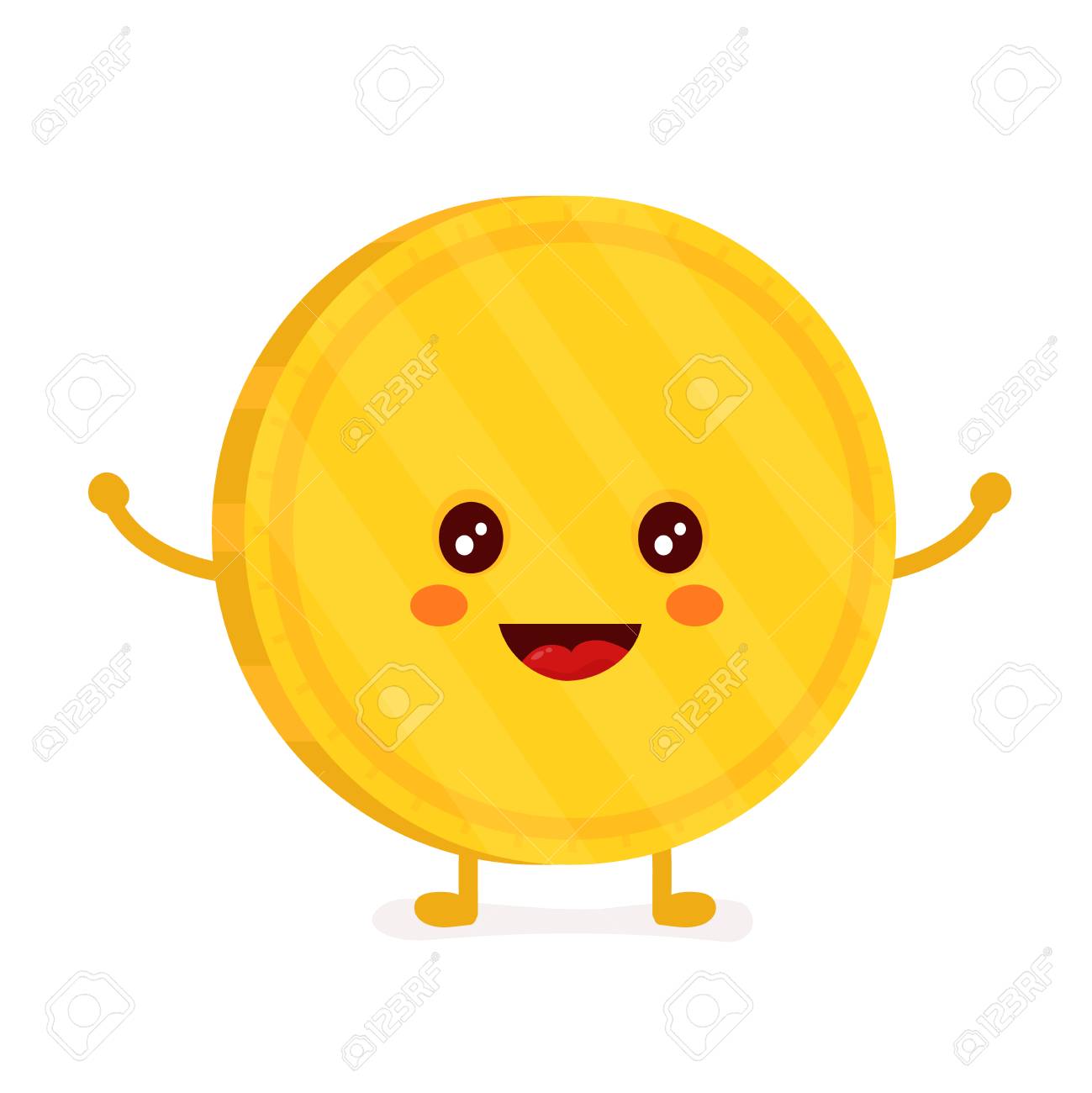 面白い笑顔かわいい金貨。ベクター近代的なフラット スタイルの漫画キャラのイラスト。白い背景上に分離。コイン、お金の概念のイラスト素材・ベクター  Image 89470994