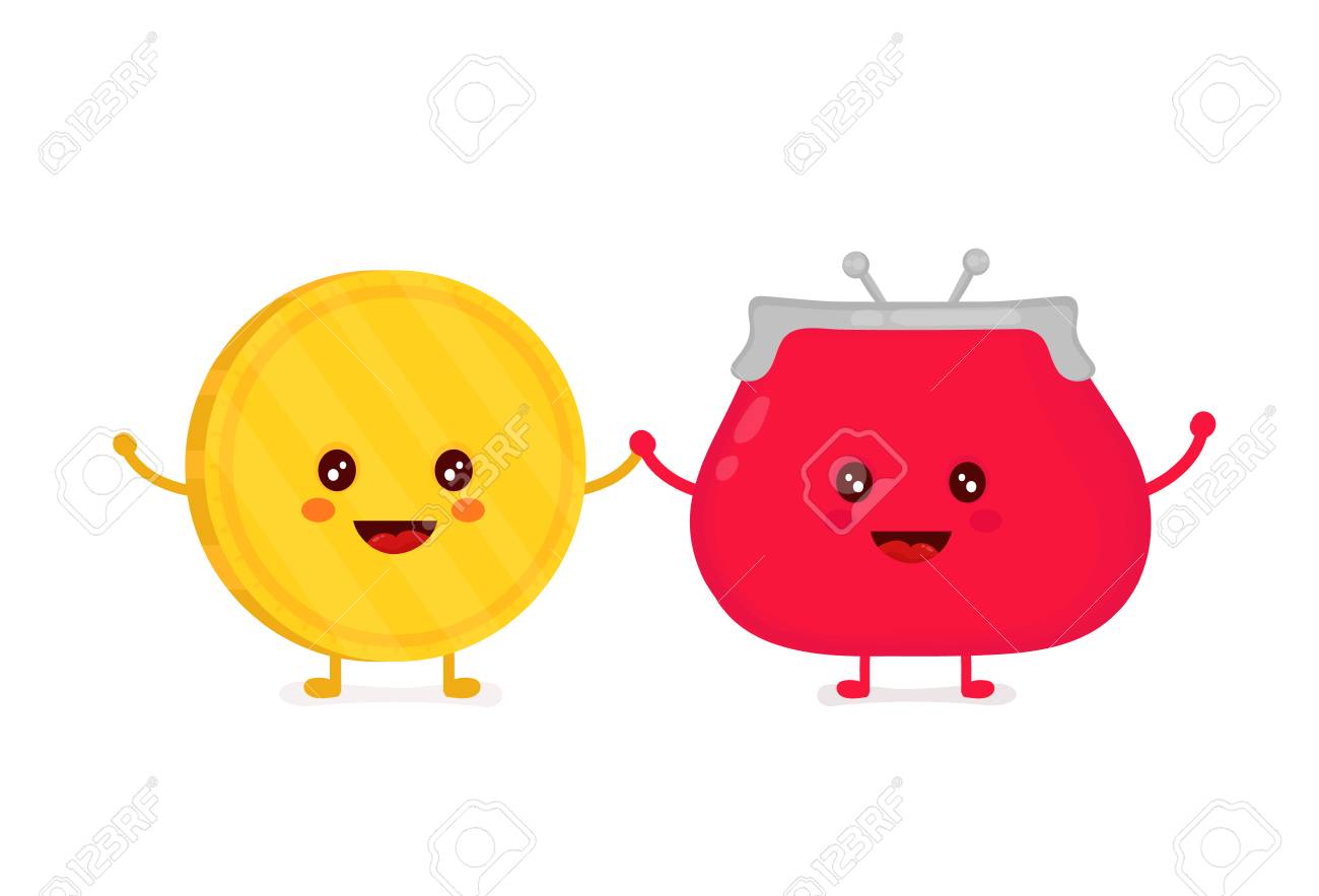 面白い笑顔かわいいゴールド コインと赤い財布。ベクター近代的なフラット スタイルの漫画キャラのイラスト 。青の背景に分離されました。財布、ポーチ、財布、お金、友人の概念のイラスト素材・ベクター Image 89471012