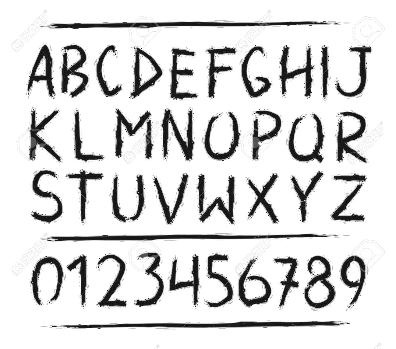 手には 恐怖 怖い文字と数字フォントが描画されます マーカー グランジ フォント サンセリフ体です ベクター デザイン 白い背景上に分離 インク ブラシを書かれた血のアルファベット 書道 レタリング のイラスト素材 ベクタ Image 4772