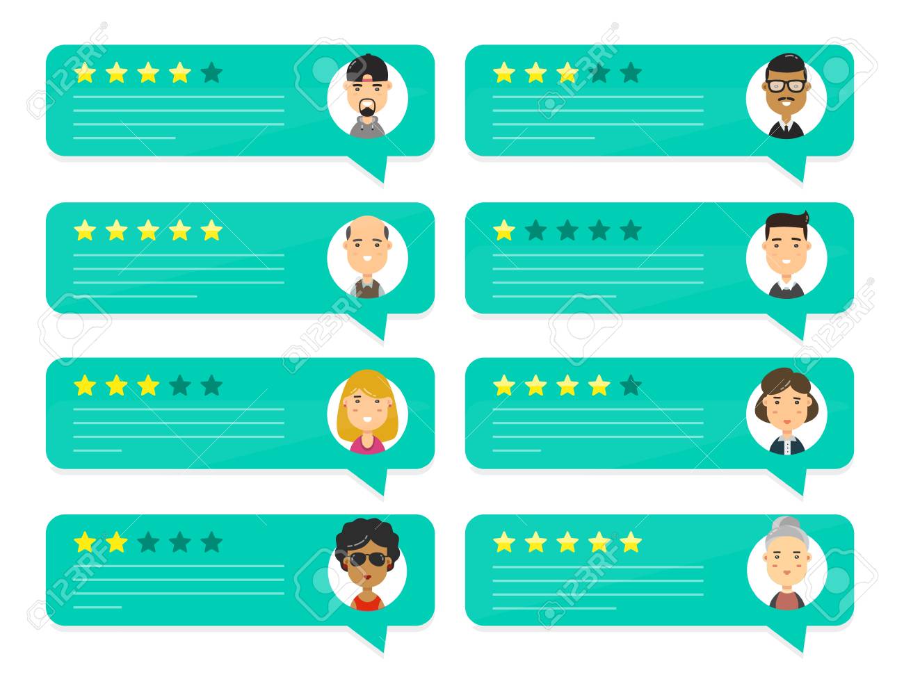 バブルのスピーチを評価レビュー ベクトル現代スタイル漫画イラストのアバター アイコン デザイン 成績評価システム 意思決定の概念レビュー星率とテキスト 評価 メッセージのイラスト素材 ベクタ Image