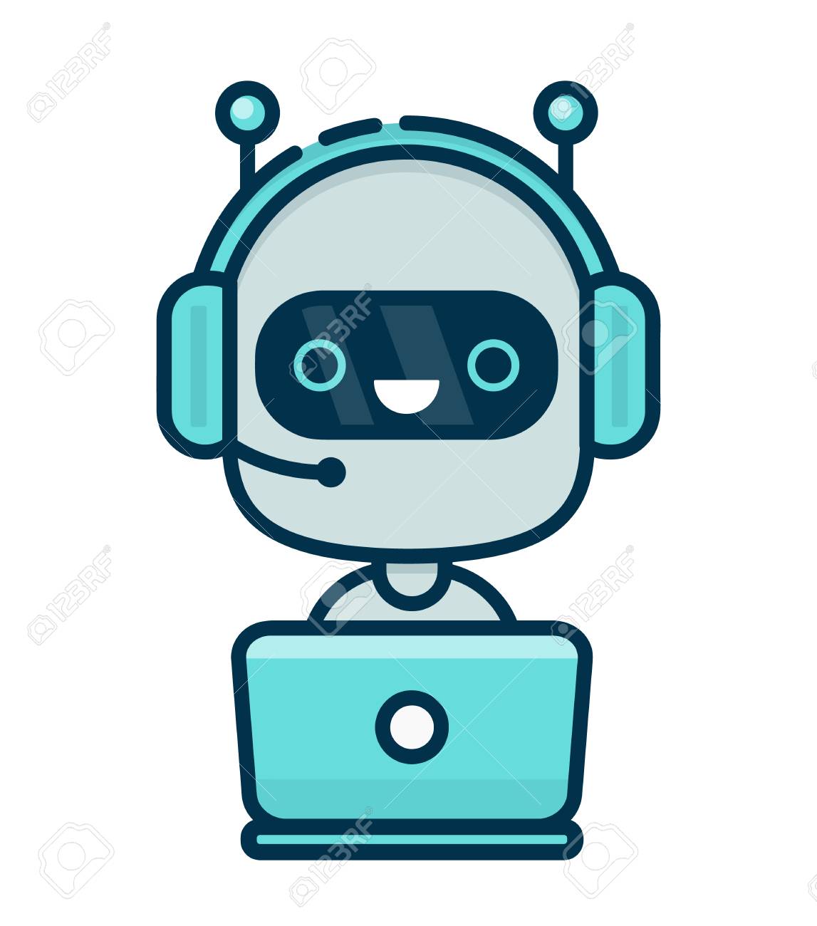 cute smiling chat bot working in headphones with mic behind laptop