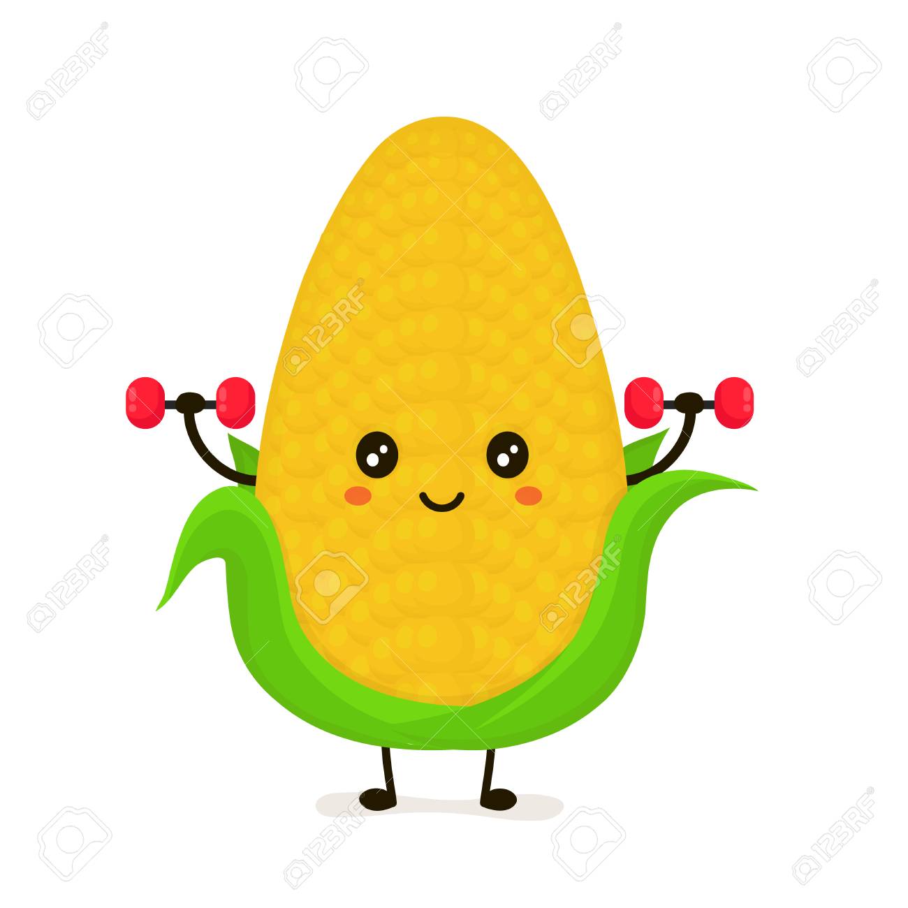 Funny Happy Cute Smiling Corncob Doing Exercises With Dumbbells Royalty Free Cliparts Vectors And Stock Illustration Image