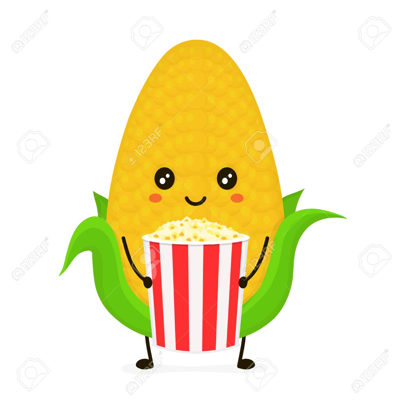 ポップコーンのバケツと面白い幸せなかわいい笑顔のコーンコブ ベクターフラット漫画のキャラクターイラストアイコン 白い背景に隔離されています トウモロコシ コーンコブ ポップコーンコンセプト のイラスト素材 ベクタ Image