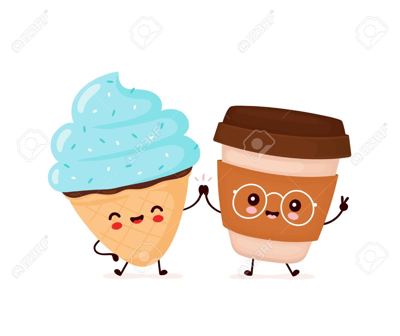 Cute Happy Smiling Ice Cream Cone And Coffee Cup. Vector Flat Cartoon  Character Illustration Icon Design.Isolated On White Background. Ice Cream  Cone And Coffee, Dessert Menu Concept Клипарты, SVG, векторы, и Набор