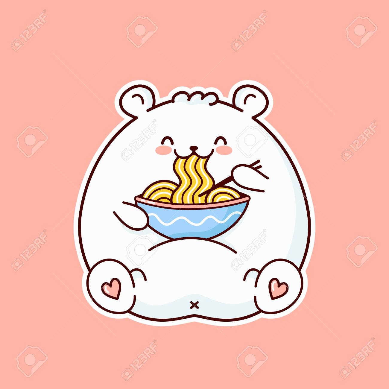 かわいい幸せな面白い白いクマはボウルから麺を食べます ベクトルフラット漫画可愛いキャラクターイラストアイコンデザイン 麺を食べるクマ ラーメンのコンセプト のイラスト素材 ベクタ Image