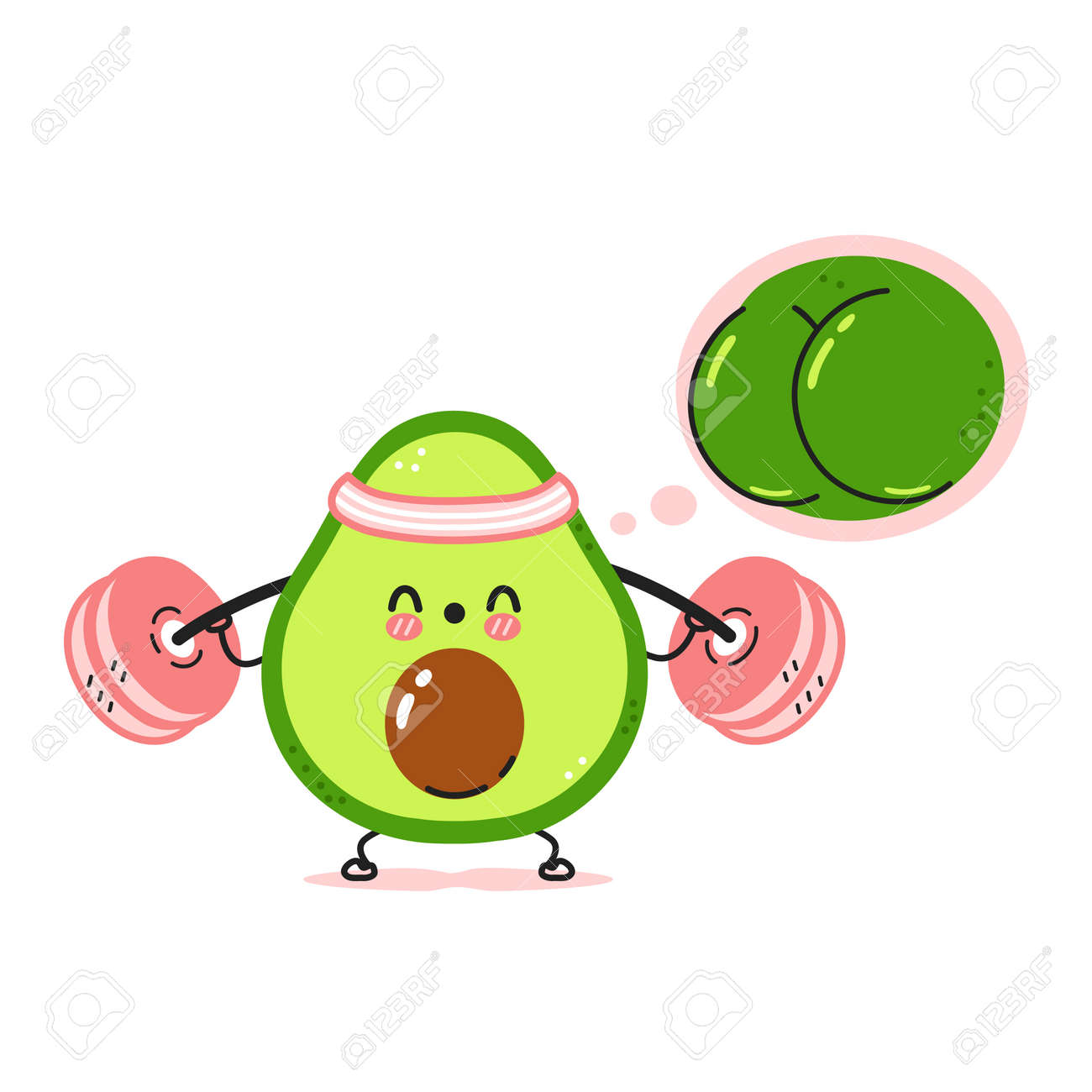 Cute funny avocado make squat gym with barbell and dream about strong butt. Vector cartoon kawaii character illustration icon. Isolated on white background. Avocado fruit workout character concept - 164698219 Cute funny avocado make squat gym with barbell and dream about strong butt. Vector cartoon kawaii character illustration icon. Isolated on white background. Avocado fruit workout character concept - 164698219