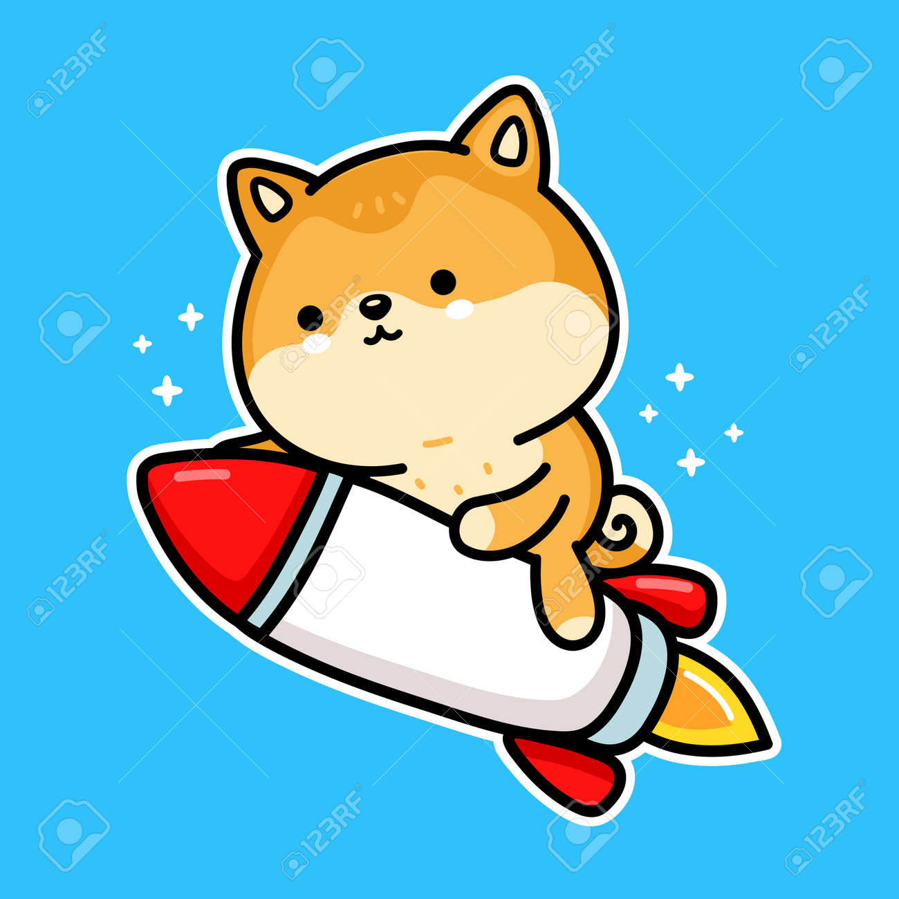 Cute Funny Akita Inu Dog Dogecoin Character Fly On Rocket. Vector Hand  Drawn Cartoon Kawaii Character Illustration. Crypto Currency, Dogecoin  Rocket Up Cartoon Character Concept Royalty Free SVG, Cliparts, Vectors,  and Stock